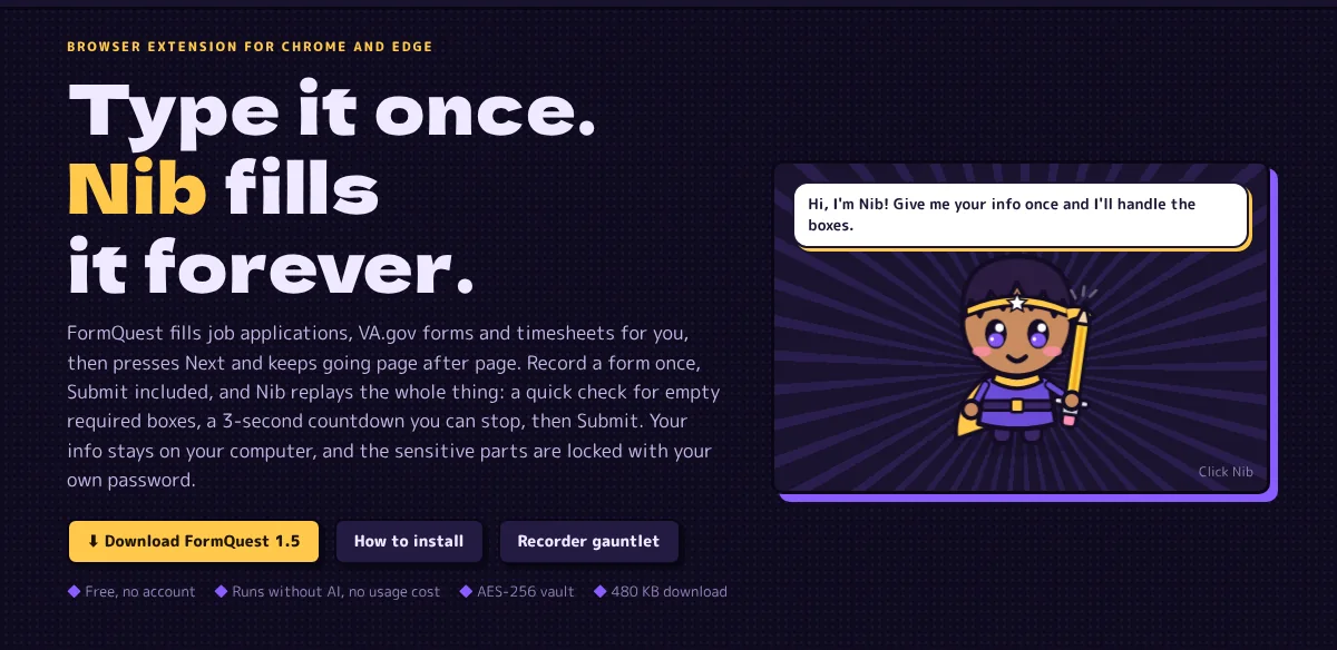 FormQuest browser extension page with its pencil-wielding mascot Nib