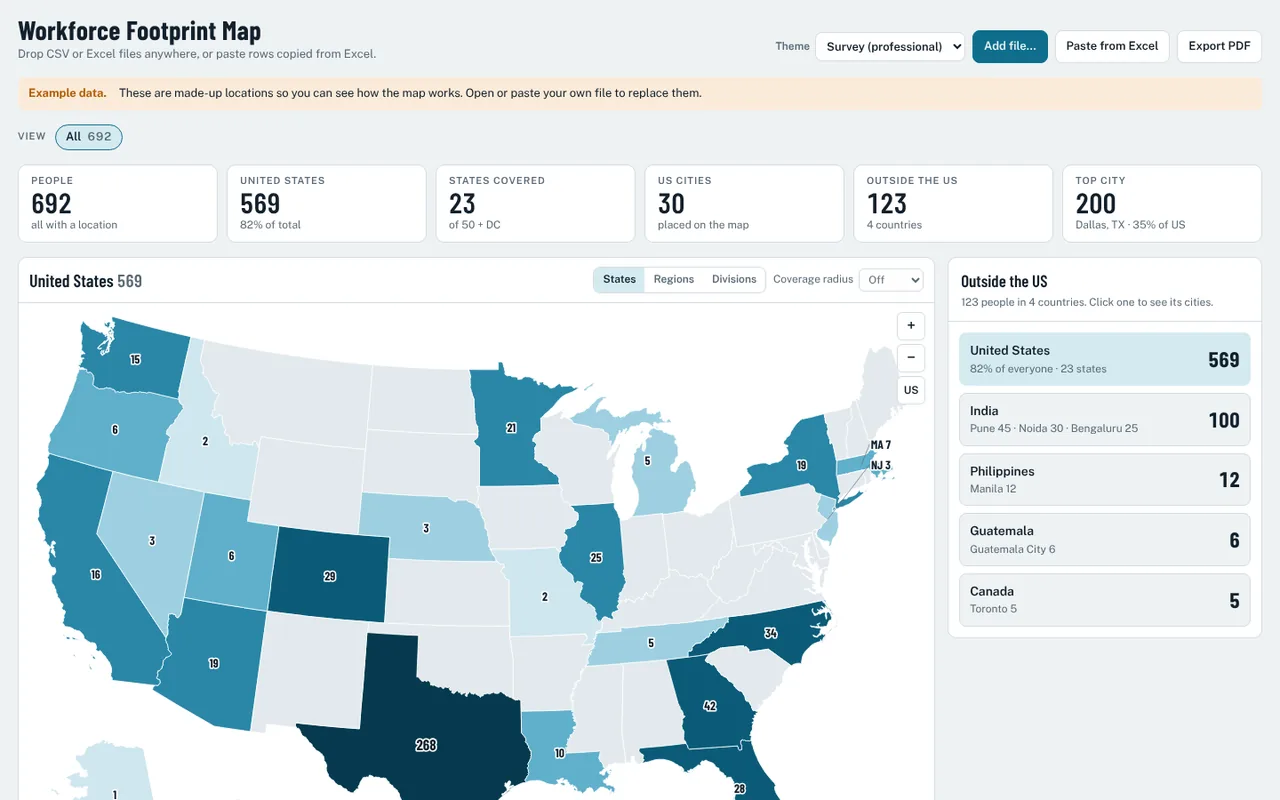 Workforce Footprint Map showing people counts by US state, shown with sample data