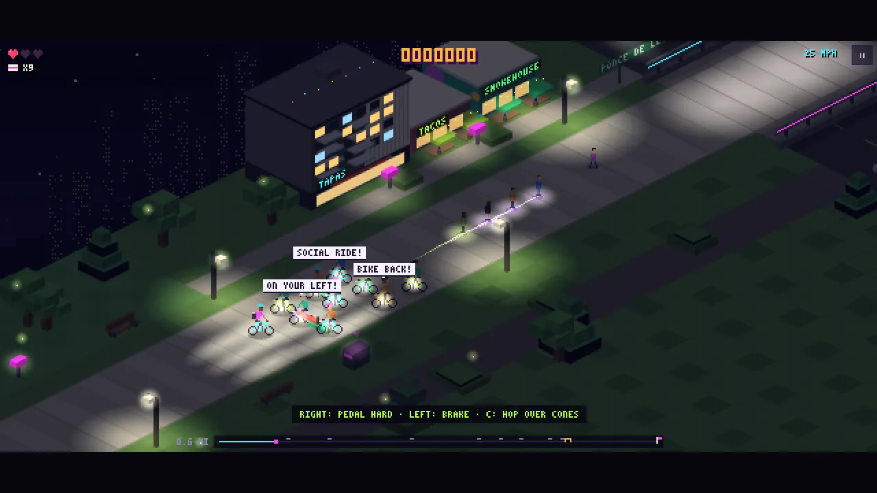 Beltline Bully gameplay on a lit trail at night